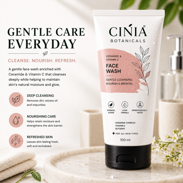 CINIA Botanicals Ceramide & Vitamin C Face Wash | Gentle Cleansing with Ceramide Complex, Vitamin C & Glycerin | Nourish & Refresh | For All Skin Types | 100 ml
