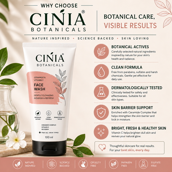 CINIA Botanicals Ceramide & Vitamin C Face Wash | Gentle Cleansing with Ceramide Complex, Vitamin C & Glycerin | Nourish & Refresh | For All Skin Types | 100 ml