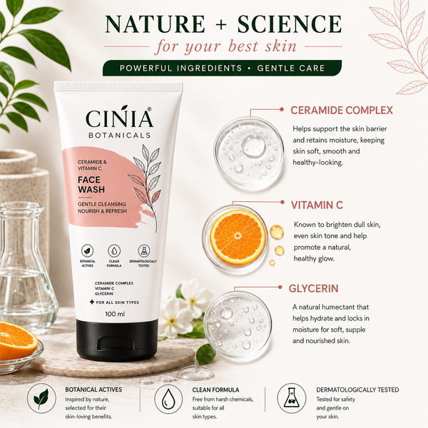 CINIA Botanicals Ceramide & Vitamin C Face Wash | Gentle Cleansing with Ceramide Complex, Vitamin C & Glycerin | Nourish & Refresh | For All Skin Types | 100 ml