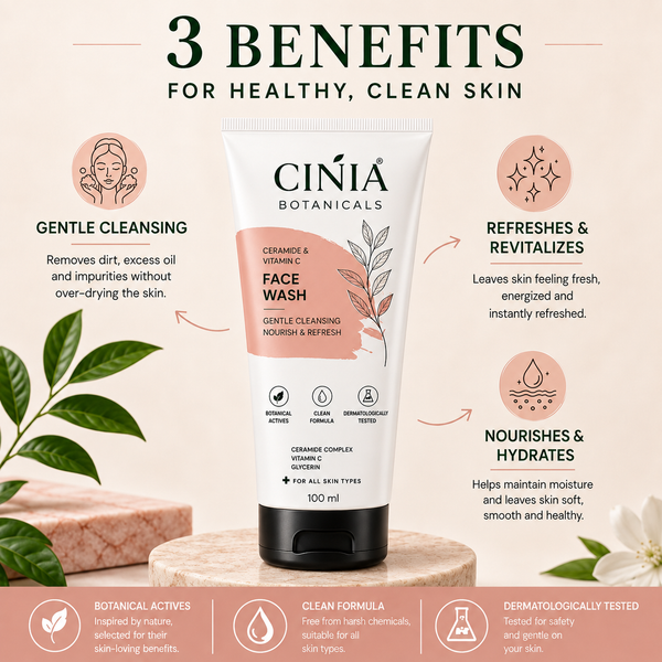 CINIA Botanicals Ceramide & Vitamin C Face Wash | Gentle Cleansing with Ceramide Complex, Vitamin C & Glycerin | Nourish & Refresh | For All Skin Types | 100 ml