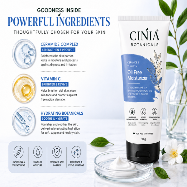 CINIA Botanicals Oil Free Moisturizer with Ceramide &amp; Vitamin C | Lightweight Daily Moisturizer | Intense Hydration &amp; Skin Barrier Care | For All Skin Types |