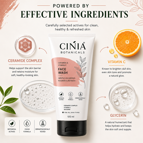CINIA Botanicals Ceramide & Vitamin C Face Wash | Gentle Cleansing with Ceramide Complex, Vitamin C & Glycerin | Nourish & Refresh | For All Skin Types | 100 ml