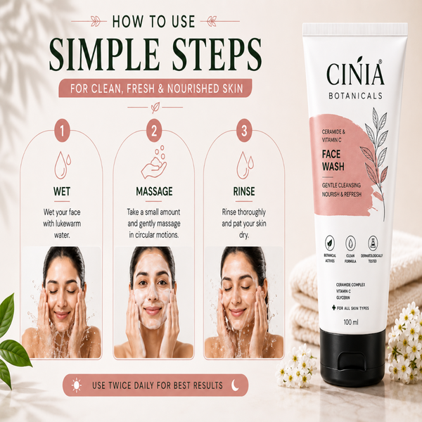 CINIA Botanicals Ceramide & Vitamin C Face Wash | Gentle Cleansing with Ceramide Complex, Vitamin C & Glycerin | Nourish & Refresh | For All Skin Types | 100 ml